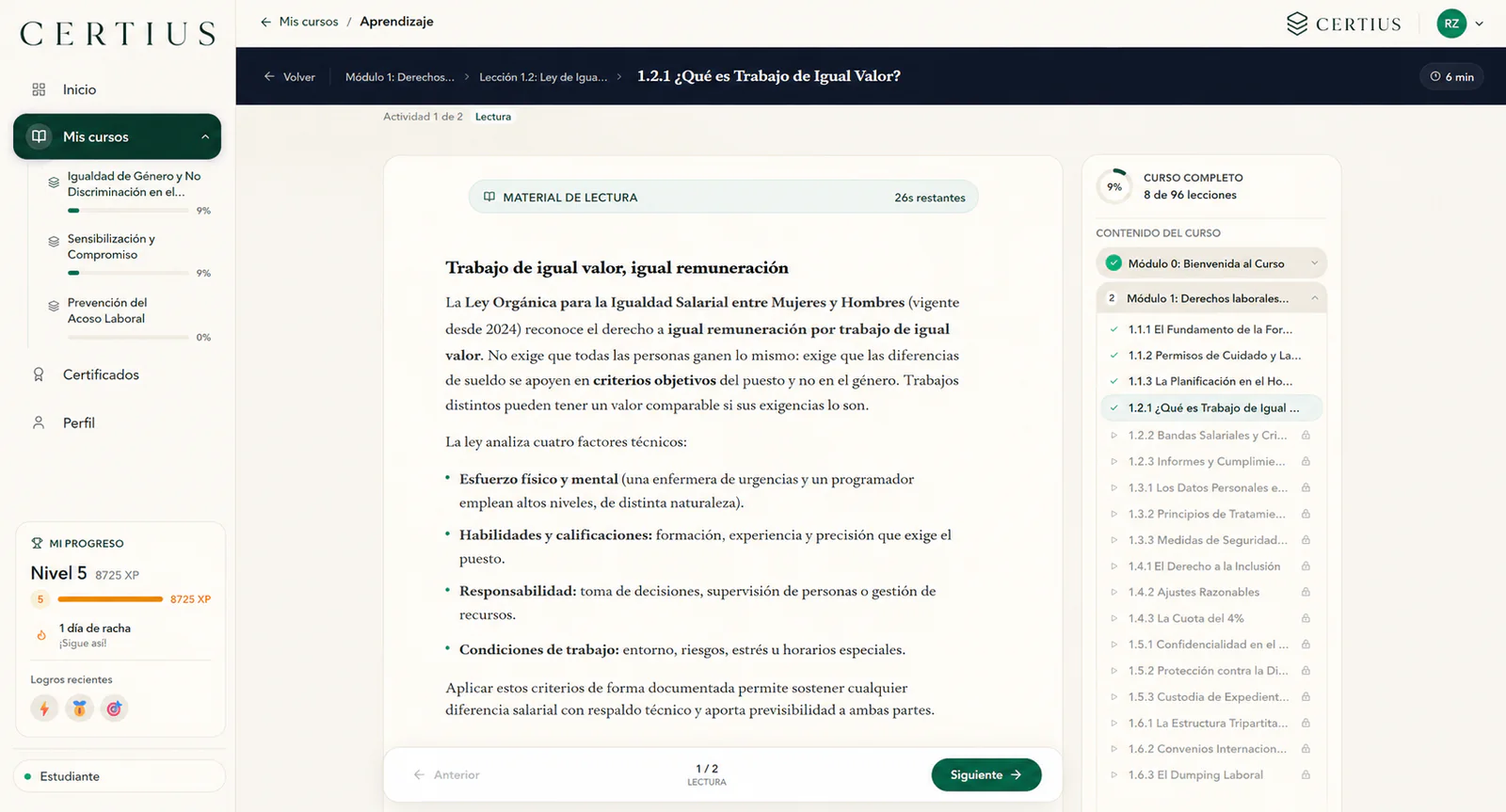 Vista del curso de igualdad salarial en la plataforma de aprendizaje Certius